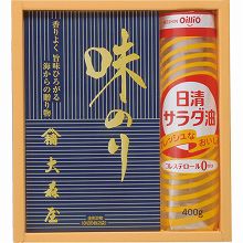 ●ハコ約23.6×25.5×7cm・重量=約760g●日清サラダ油400g・大森屋味のり(8切8枚×2)×各1【小麦・えび】