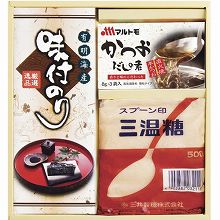 ●ハコ約22×24×7cm・重量=約830g●有明海産味付のり(3切6枚)・三温糖500g・マルトモかつおだしの素(8g×3袋)×各1【小麦・乳】