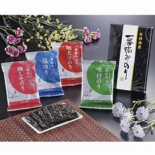 ●ハコ約21.5×14×3.5cm・重量=約100g●(味付海苔、明太子海苔、塩海苔、梅しそ海苔)×各1袋【小麦・えび】