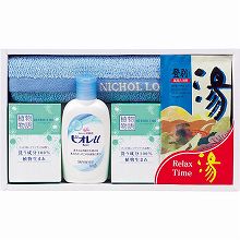 ●ハコ約27×16×4cm・重量=約535g●薬用入浴剤25g×4包(登別・草津・紀伊・加賀×各1包)・ライオン植物物語石けん80g×2個・花王ビオレUミニ90ml×1本・ハンドタオル×1※薬用ハンドソープ=医薬部外品●日本製、ハンドタオル=中国製