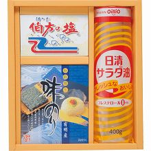 ●ハコ約23.6×25.5×7cm・重量=約820g●日清サラダ油400g・伯方の塩100g・有明産味のり(8切8枚×2)×各1●化粧箱入【小麦】