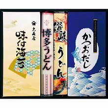 ●ハコ約32×27×4.5cm・重量=約810g●博多うどん200g・讃岐うどん200g・大森屋味付海苔8切8枚×3袋・かつおだし6g×8袋【小麦・乳・えび】