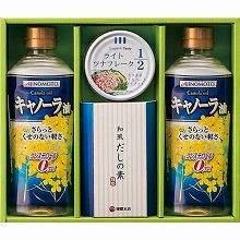 ●ハコ約25.8×22×6cm・重量=約1.1kg●味の素キャノーラ油350g×2・ホテイフーズライトツナフレーク1/2 70g×1・和風だしの素3g×8【乳】