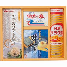 ●ハコ約31.5×25.5×7cm・重量=約1kg●日清サラダ油400g・伯方の塩100g・有明産味のり(8切8枚×2)・マルトモかつおソフト削り(1.5g×6)×各1【小麦・乳】