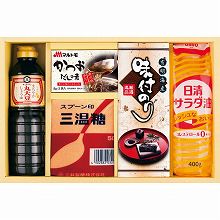 ●ハコ約36×24×7cm・重量=約2kg●有明海産味付のり(3切6枚)・三温糖500g・マルトモかつおだしの素(8g×3袋)・キッコーマンまろやか丸大豆しょうゆ500ml・日清サラダ油400g×各1【小麦・乳】