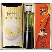 ●ハコ約23.5×21.8×5.5cm・重量=約610g●たかはたファームドレッシングオニオンハーブ120ml×1・コーンポタージュスープ(15g×3)・モンカフェスペシャルブレンド(7.5g×3)×各1【卵・乳】
