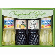 ●ハコ約20×26×6cm・重量=約1.4kg●特級本醸造醤油・旨味ポン酢各300ml×各1・理研キャノーラ油265g×2【小麦】