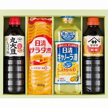 ●ハコ約31×25×7.5cm・重量=約2.7kg●ヤマサ丸大豆しょうゆ500ml×1・日清サラダ油400g×1・日清キャノーラ油600g×1・ヤマサ新味しょうゆ500ml×1【小麦】