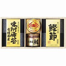 ●ハコ約35×16.5×7cm・重量=約615g●紅ずわいがに50g×1・鮭フレーク60g×1・味付海苔(8切8枚×2)×1・鰹削り節(破片)(2.5g×4)×1【小麦・かに】