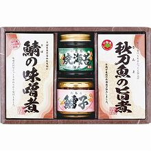 ●ハコ約26.5×17.5×7.5cm・重量=約1.1kg●たらこフレーク30g×1・焼海苔佃煮95g×1・さんまの旨煮(レトルト)95g×1・さばの味噌煮(レトルト)80g×1【小麦】