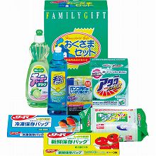 ●ハコ約19×10.5×23cm・重量=約1.5kg●花王ワンパックアタック(27g×10袋)・ライオンチャーミーVクイック260ml・ライオンチャーミーグリーン350ml×1・キッチン除菌クリーナー(24枚入)・リード新鮮保存バッグ(中3枚入)・リード冷凍保存バッグ(中3枚入)・抗菌ナイロンクリーナー×各1●日本製、保存バッグ=タイ製