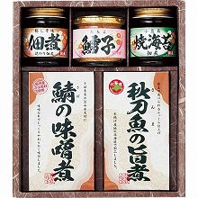 ●ハコ約22×25×7.5cm・重量=約1.3kg●焼海苔佃煮・梅しそ佃煮・さんまの旨煮(レトルト)各95g×1・たらこフレーク40g×1・さばの味噌煮(レトルト)80g×1【小麦】
