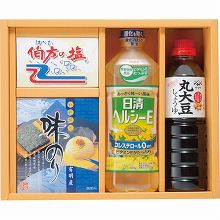 ●ハコ約31.5×25.5×7cm・重量=約1kg●日清ヘルシーE600g・ヤマサ丸大豆しょうゆ500ml・伯方の塩100g・有明産味のり(8切8枚×2)×各1【小麦】