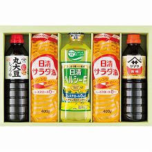 ●ハコ約38×25×7.5cm・重量=約3.1kg●ヤマサ新味しょうゆ500ml・ヤマサ丸大豆しょうゆ500ml・日清ヘルシーE600g×各1・日清サラダ油400g×2【小麦】