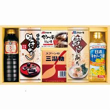●ハコ約47×24×7cm・重量=約2.2kg●有明海産味付のり(3切6枚)・三温糖500g・マルトモかつおだしの素(8g×3袋)・マルトモ鰹ぶし削り(2.5g×6袋)・キッコーマンまろやか丸大豆しょうゆ500ml・日清キャノーラ油400g×各1【小麦・乳】