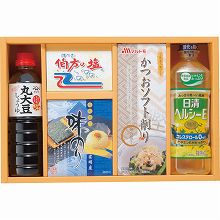 ●ハコ約38.5×25.5×7cm・重量=約1.8kg●日清ヘルシーE600g・ヤマサ丸大豆しょうゆ500ml・伯方の塩100g・有明産味のり(8切8枚×2)・マルトモかつおソフト削り(1.5g×6)×各1【小麦】