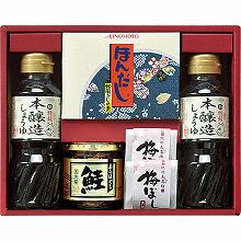 ●ハコ約27.4×21.5×6.2cm・重量=約1.3kg●味の素ほんだし8g×8袋・本醸造しょうゆ300ml×2・焼鮭ほぐし60g・紀州大粒梅干し1粒×2袋【小麦・乳】