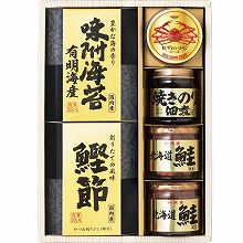 ●ハコ約22×31×7cm・重量=約1.2kg●紅ずわいがに50g×1・鮭フレーク60g×2・焼のり佃煮95g×1・味付海苔(8切8枚×2)×1・鰹削り節(破片)(2.5g×4)×1【小麦・かに】