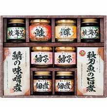 ●ハコ約33×25.5×7.5cm・重量=約2.6kg●焼海苔佃煮・梅しそ佃煮各95g×各2・さんまの旨煮(レトルト)95g×1・さばの味噌煮(レトルト)80g×1・たらこフレーク40g×2・かれいフレーク・北海道産鮭フレーク各60g×各1【小麦】
