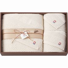 ●現品(バスタオル)約60×120cm・(フェイスタオル)約34×80cm・(ウォッシュタオル)約34×36cm・ハコ約38×25×6.5cm・重量=約650g●綿100%(パイル部分=オーガニックコットン100%使用)●バスタオル・フェイスタオル・ウォッシュタオル各1枚●日本製