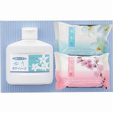 ●ハコ約20.5×13.5×4cm・重量=約370g●ゆりボディソープ125ml・化粧石けん(ゆり・さくら)各85g×各1●ボディソープ=日本製・化粧石けん=マレーシア製